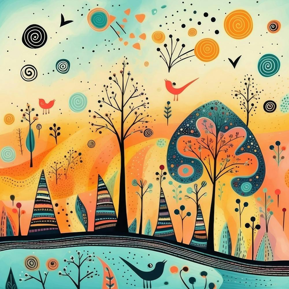 Landschaft mit Bäumen und Vögeln