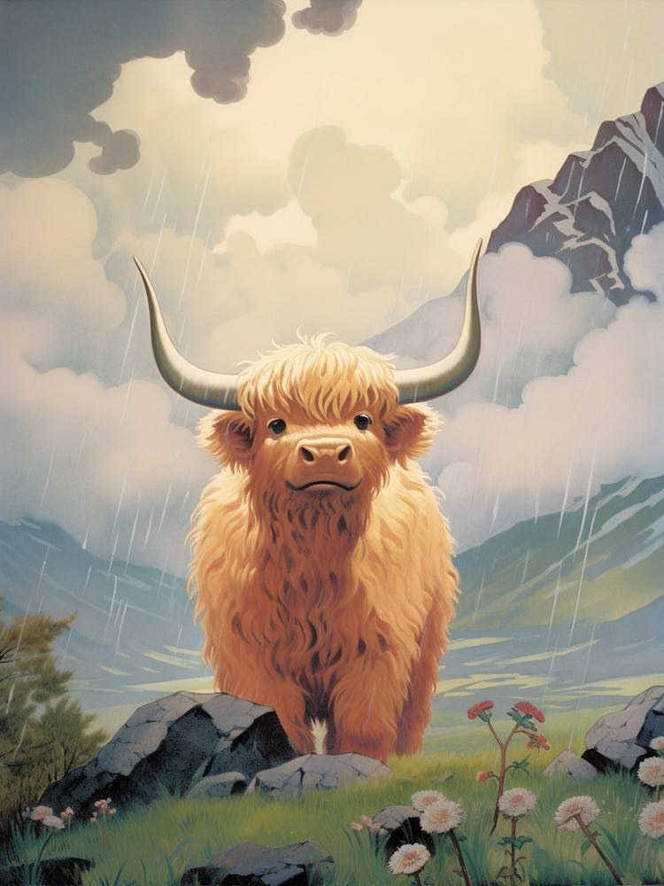 Cute Animated Highland Bull In The Rain