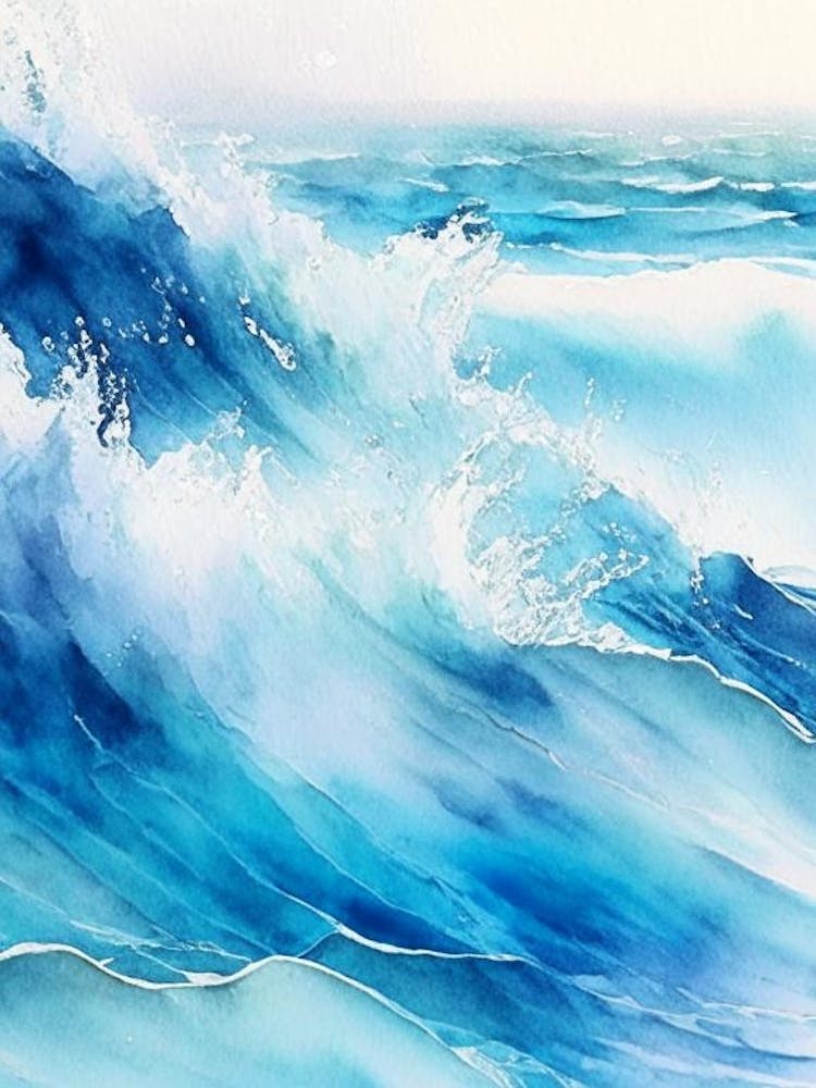 Rushing Water In Deep Blue Sea Water Waterscape Gouache 1
