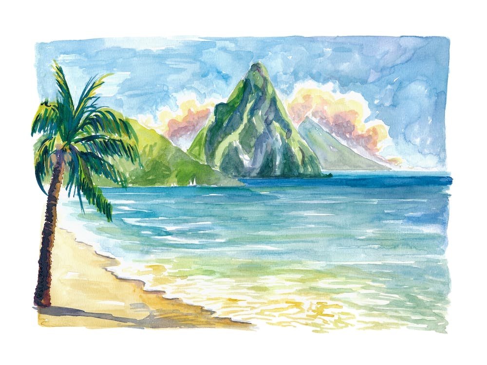 Pitons In Saint Lucia With Incredible Bay View Sunset