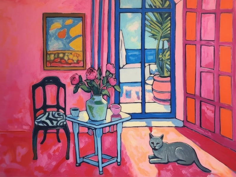 Cat in Pink Room. Retro Oil Henry Matisse Style Interior Painting
