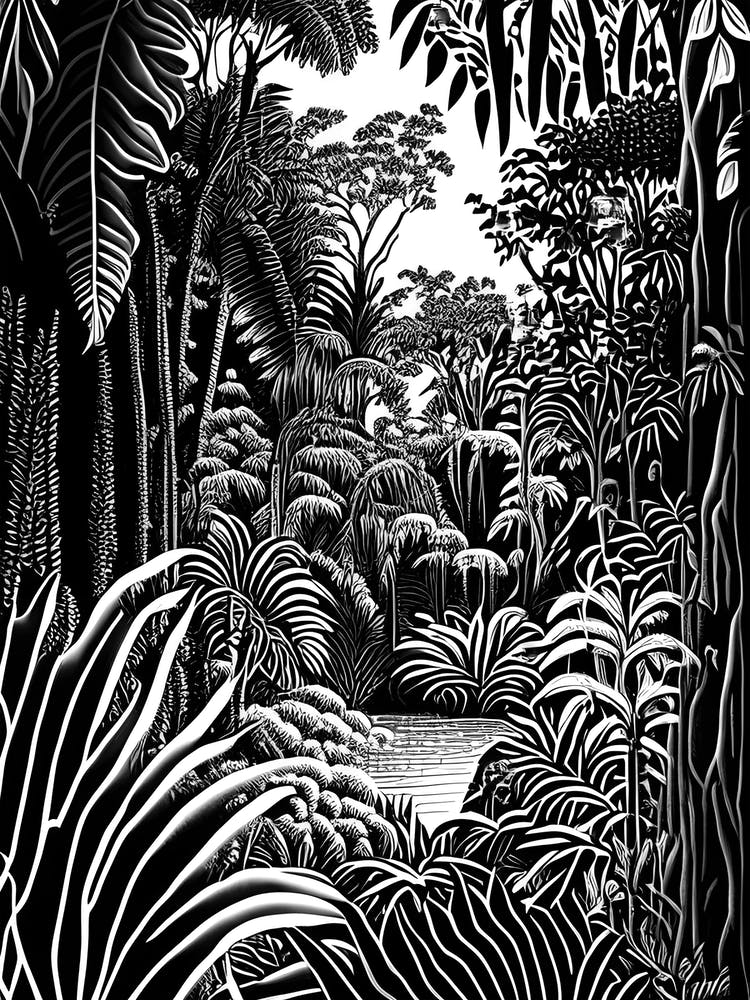 Nong Nooch Tropical Garden, Thailand Linocut Black And White Vintage