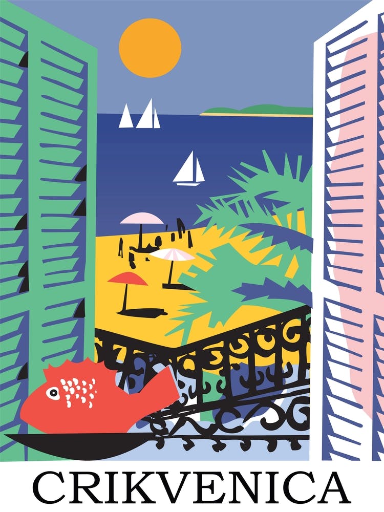 Crikvenica, Vintage Travel Poster in Pop Art Style