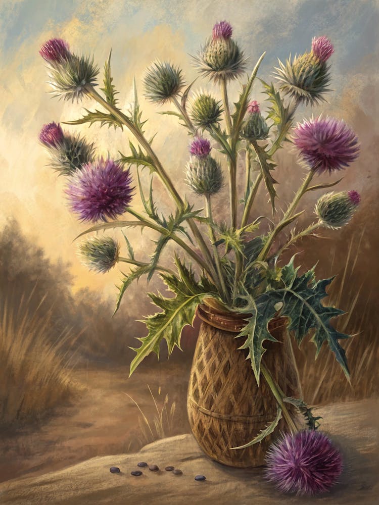 Oil Painting Stylewild Thistle Bouquet In Earthy