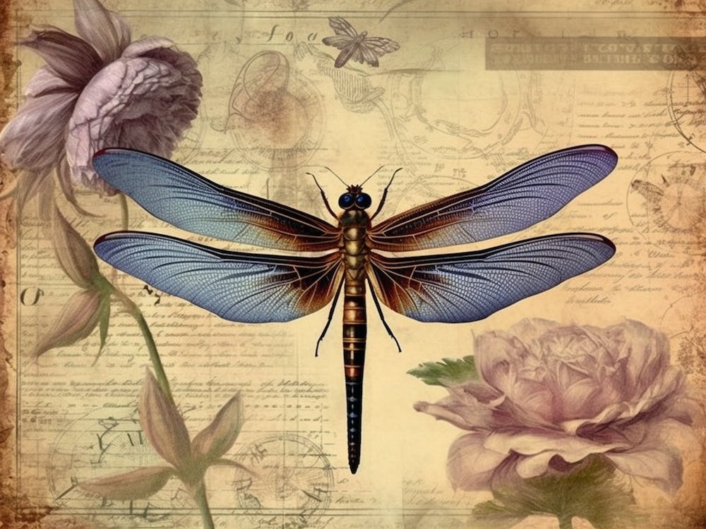 Dragonfly Botanical Vintage Illustration Pastel 2