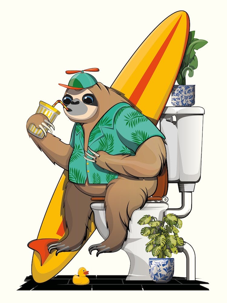 Sloth On Toilet, in the Bathroom