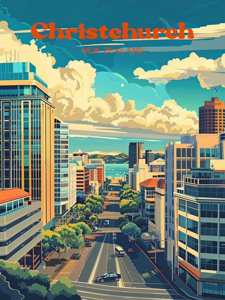 Christchurch New Zealand Retro Travel Art
