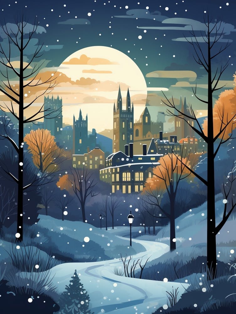Winter Travel Night Illustration Edinburgh Scotland 2