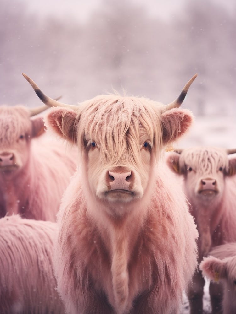 Highland Cow In The Snow Realistic Pink Photography 3