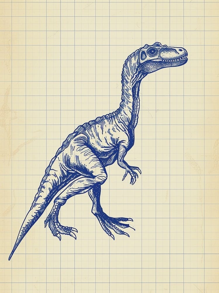 Troodon Dinosaur Sepia Blue Print