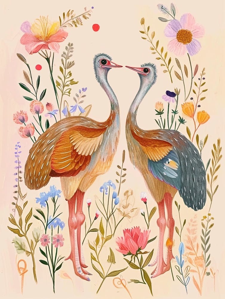 Folksy Floral Animal Drawing Ostrich 3