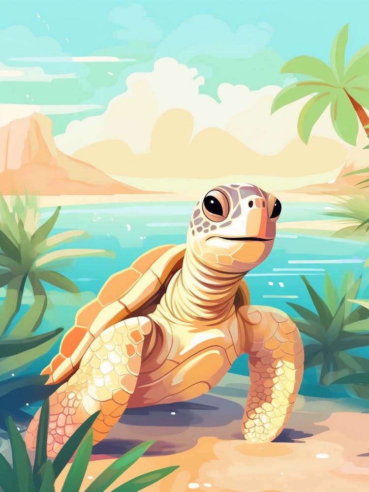 Cute Turtle Crawling Out Of Water