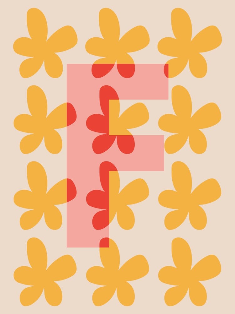 Alphabet Flower Letter F Print - Pink, Yellow, Red