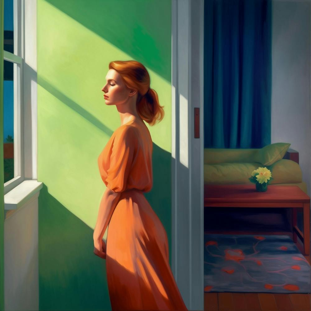 Minimalistisch Portrait Frau im Zimmer Malerei Hopper Style