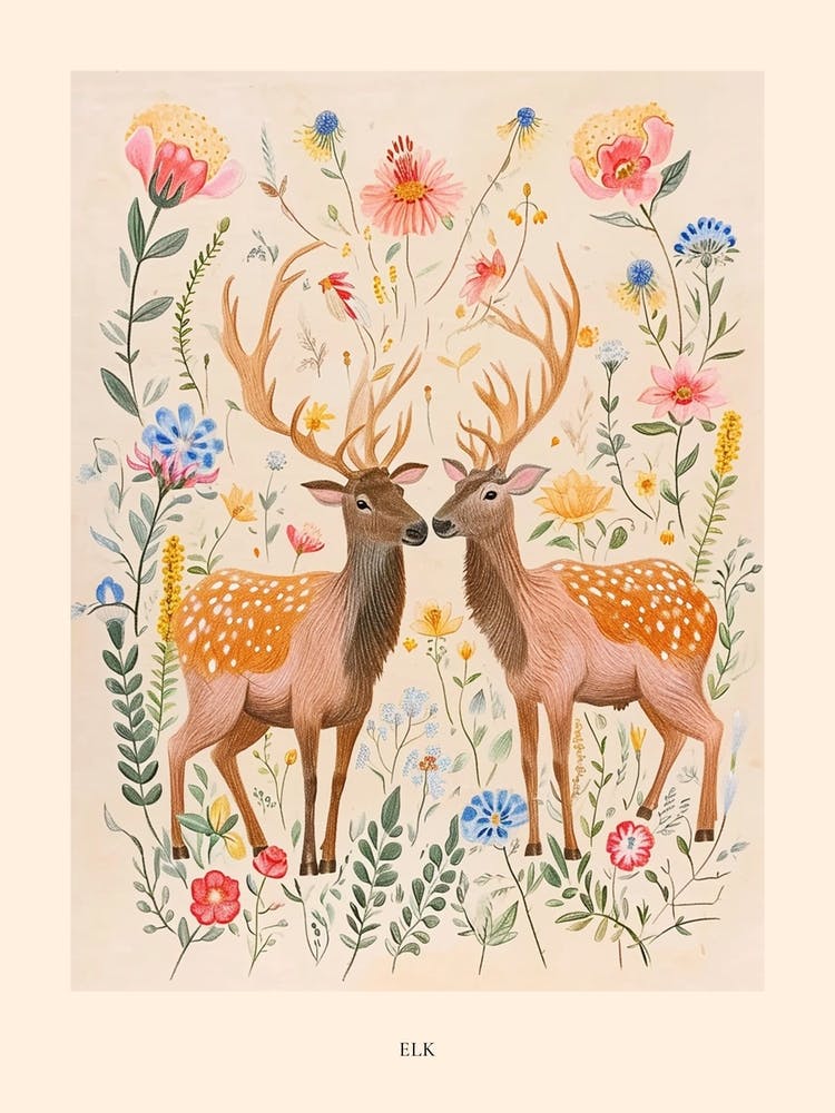 Folksy Floral Animal Drawing Elk 2 Poster