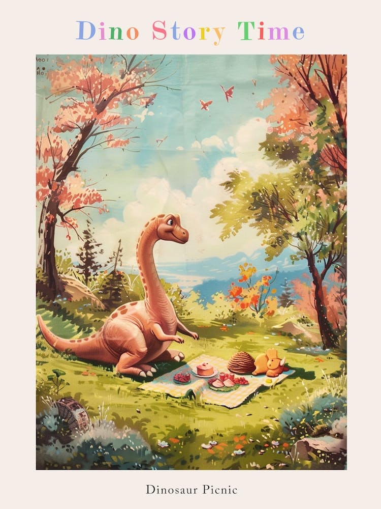 Dinosaur Picnic Vintage Painting Poster