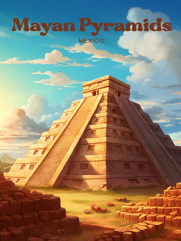 Mayan Pyramids Mexico Illustrative Modern Travel Art