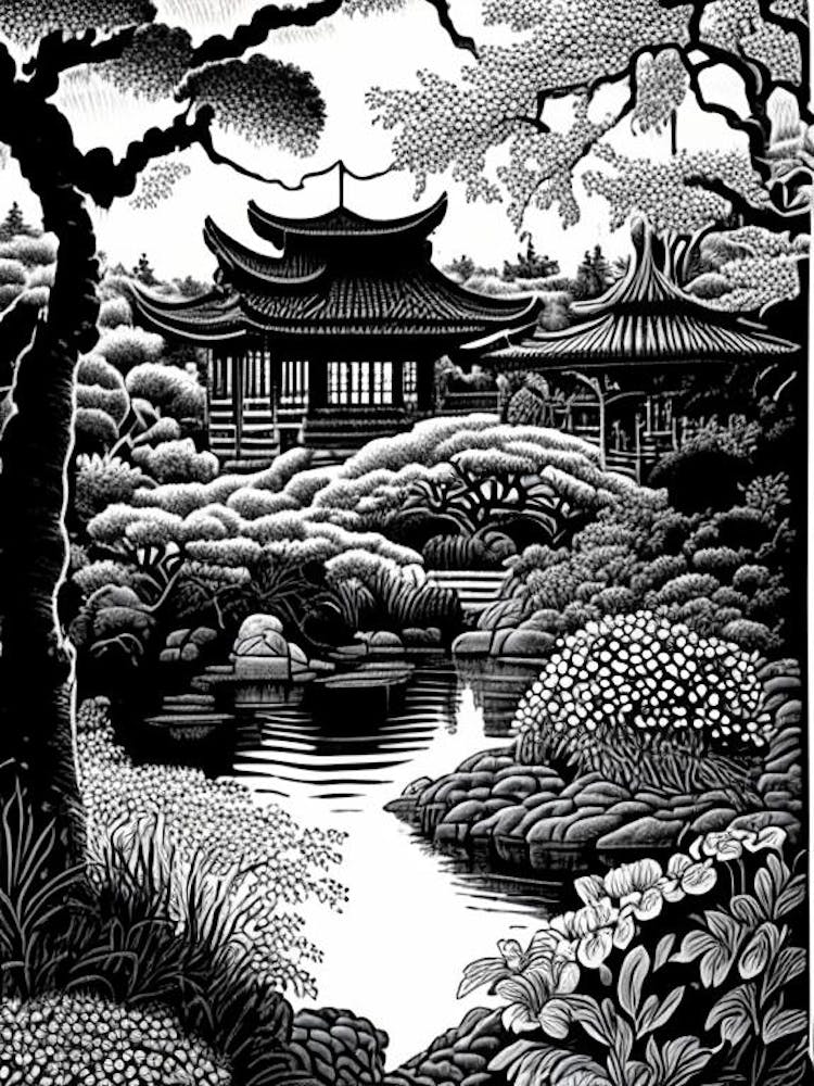 Japanese Friendship Garden, 1, Usa Linocut Black And White Vintage