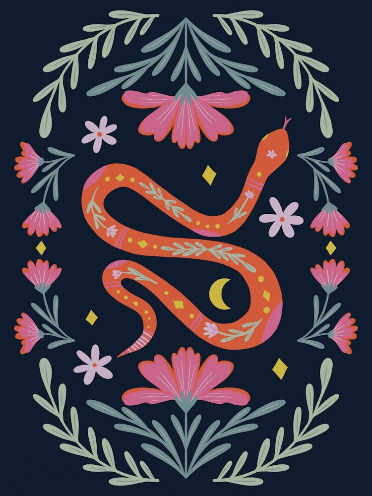Cute Floral Snake Orange And Pink Dark Background