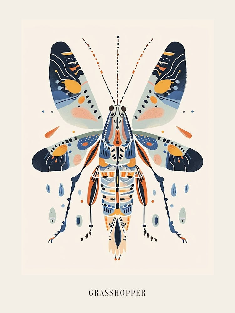 Colourful Insect Illustration Grasshopper 3 Poster