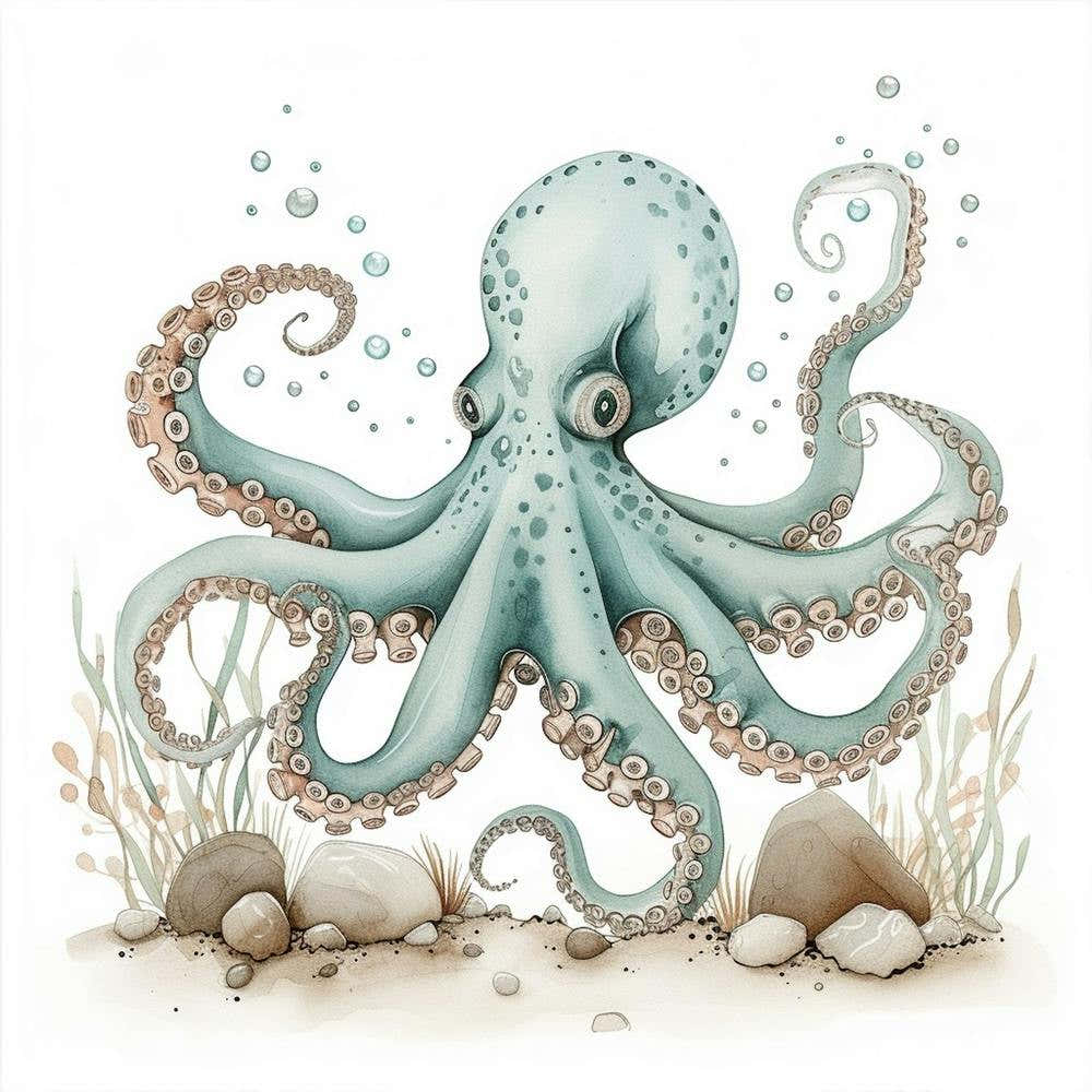 Storybook Style Octopus With Rocks 2