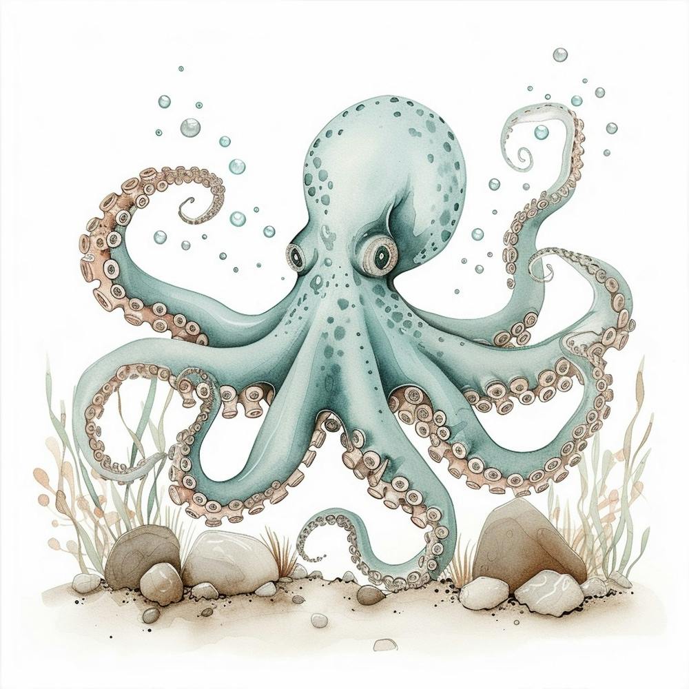Storybook Style Octopus With Rocks 2