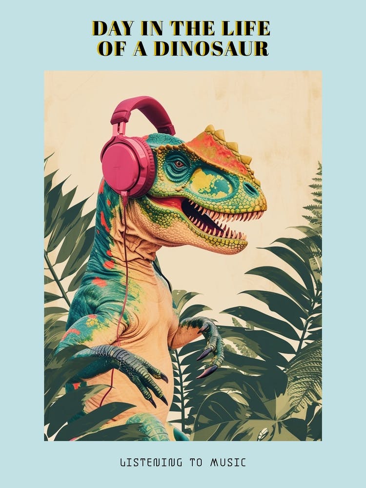 Retro Collage Dinosaur Listening To Music With Headphones 3 Poster
