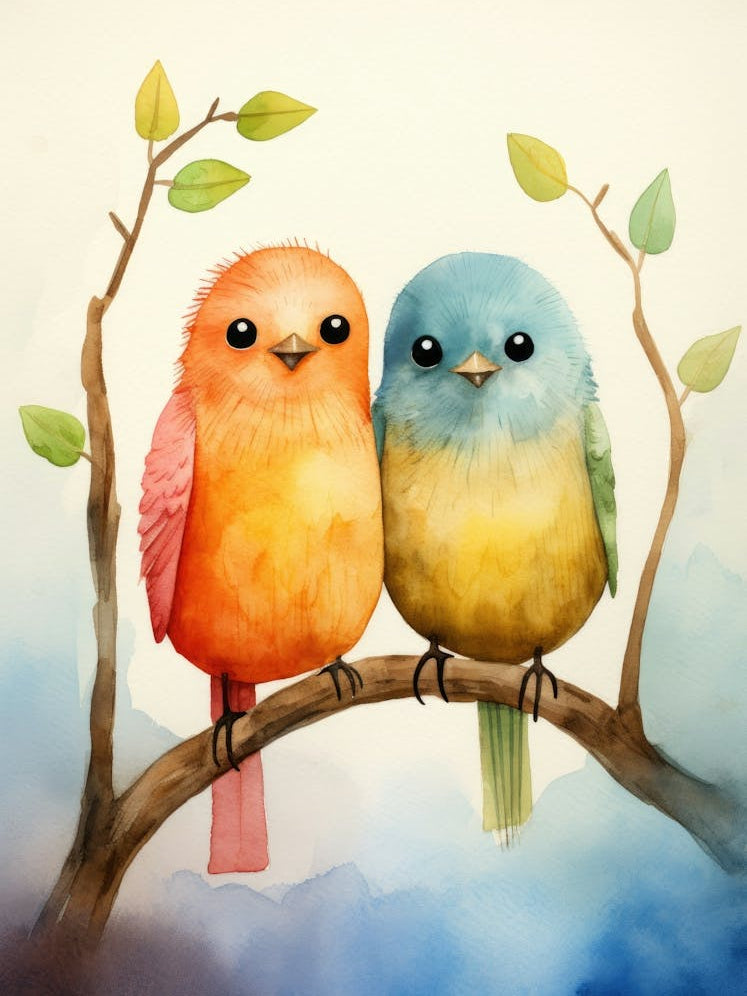 Watercolor Birds On A Branch 3