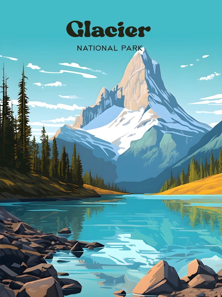 Glacier National Park Montana USA Mountain Travel Illustration