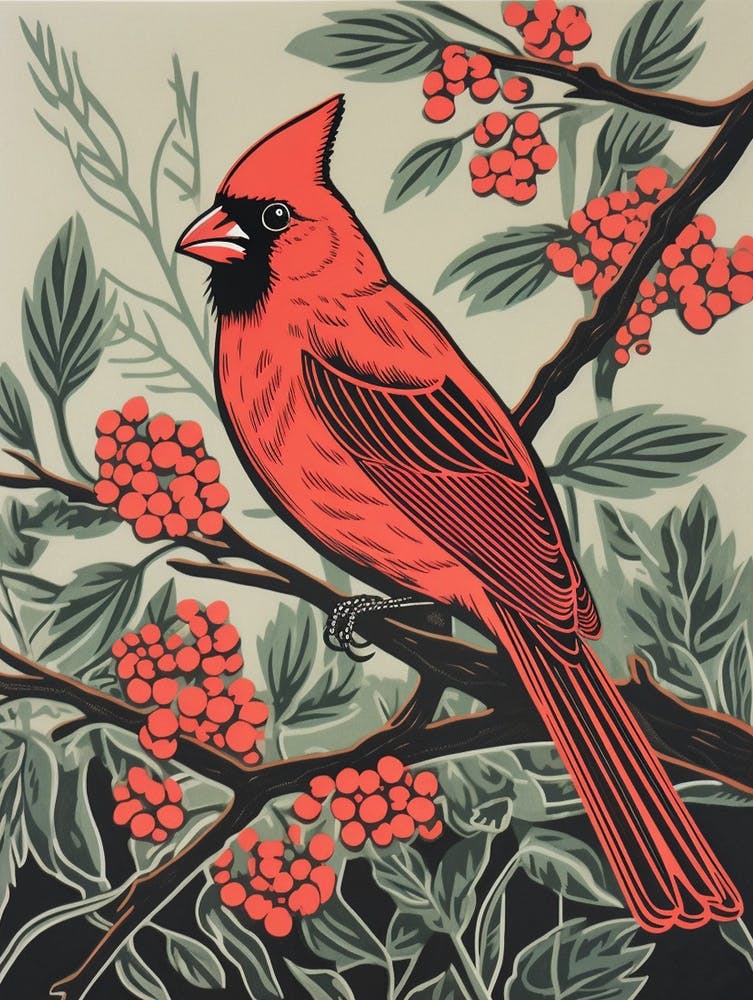 Vintage Bird Linocut Northern Cardinal 2
