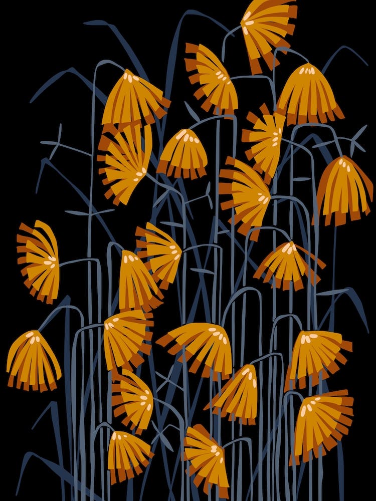 Linocut Flower Meadow Mustard Black