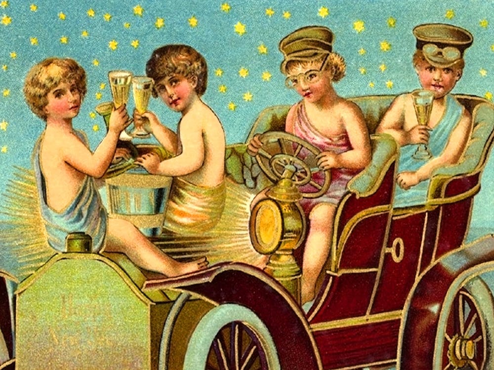 Kids In Old Timer Car, Vintage Holiday Poster