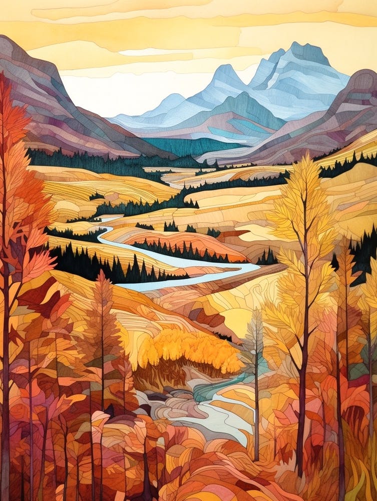 Autumn National Park Painting Glacier National Park Montana Usa 2