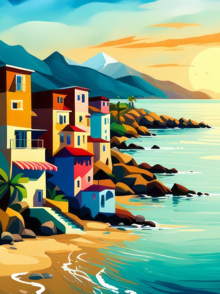 Bold Island Houses On Beachfront Rocks Piled Sunset Summer Inlet Bay