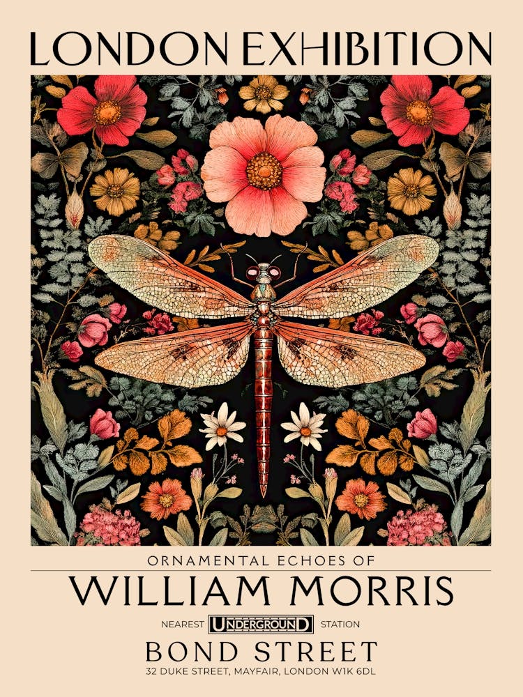 William Morris Dragonfly and floral artwork, insect and flower pattern vintage Botanical print for cottagecore, maximalist decor,floral tapestry Victorian nature illustration bedroom vintage decor 28