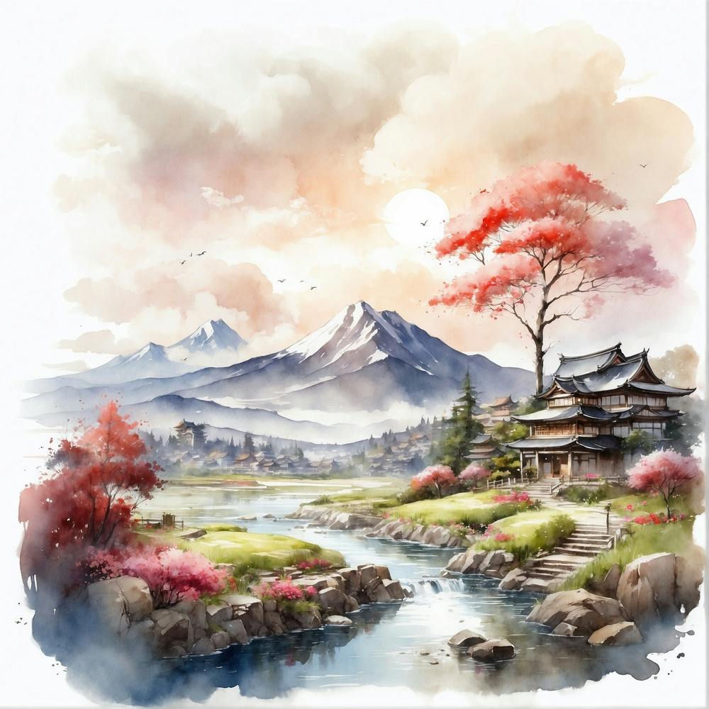 watercolor japanese landscape, soft light,by antoine blanchard and greg rutkowski 3