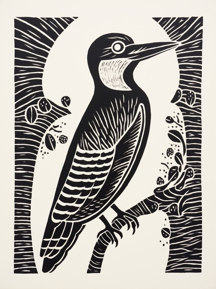 B&W Bird Linocut Woodpecker 1