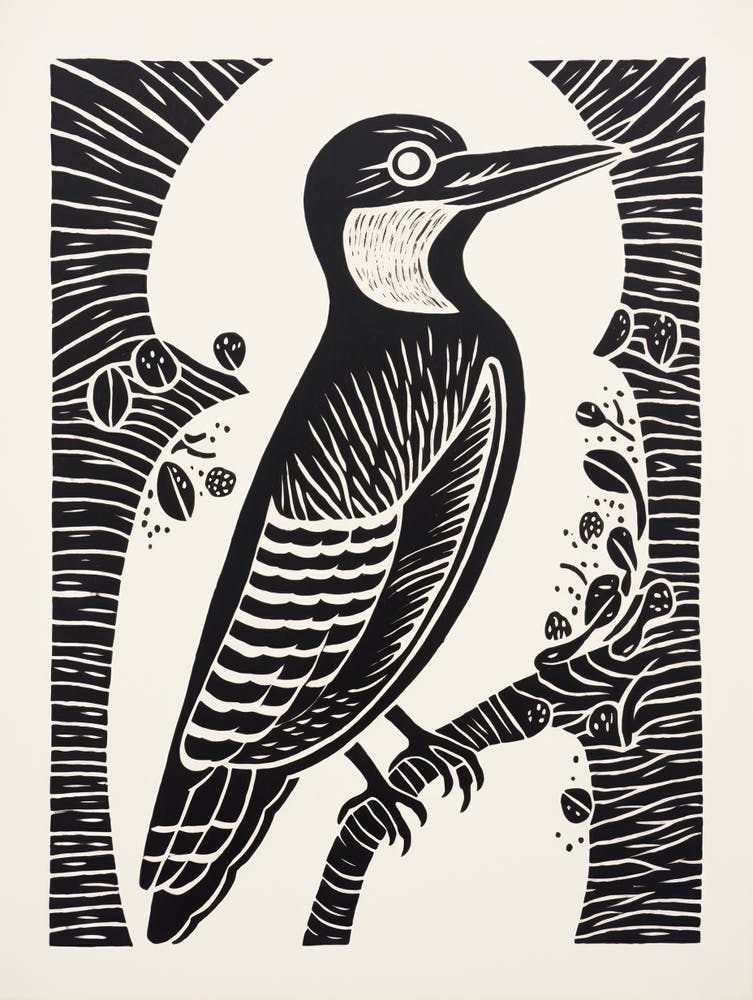 B&W Bird Linocut Woodpecker 1
