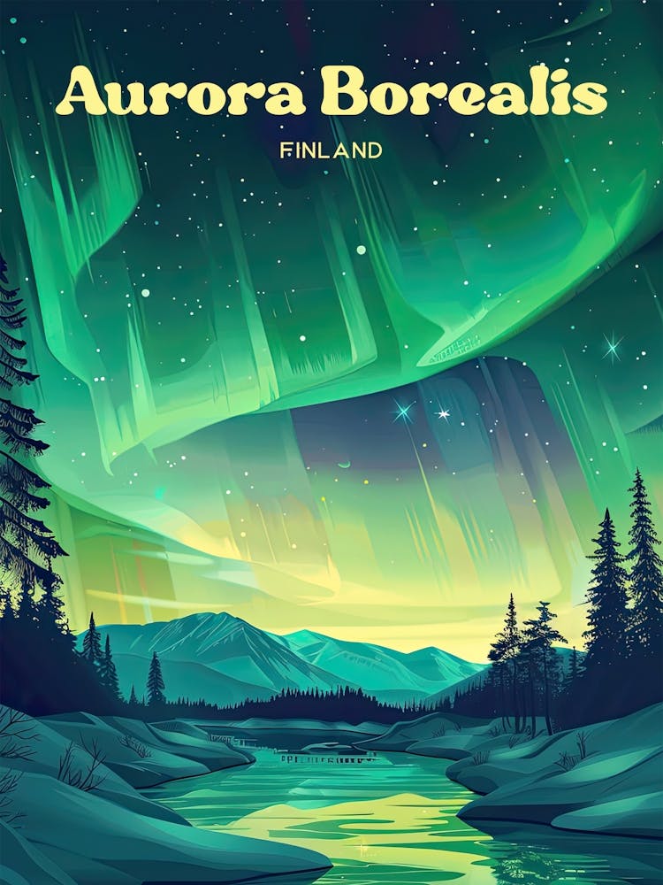 Aurora Borealis Finland Northern Lights Digital Travel Illustration