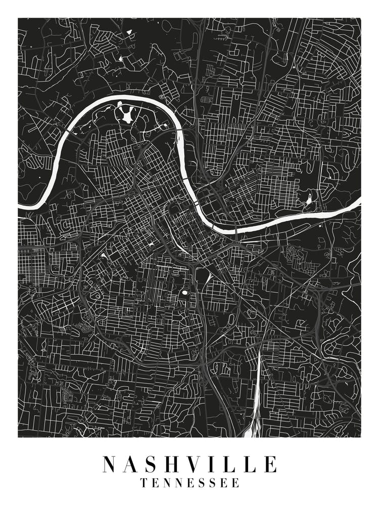 Nashville Tennessee Minimal Black Mono Street Map