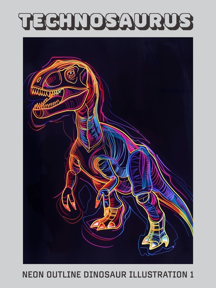Neon Outline Dinosaur Illustration 1 Poster