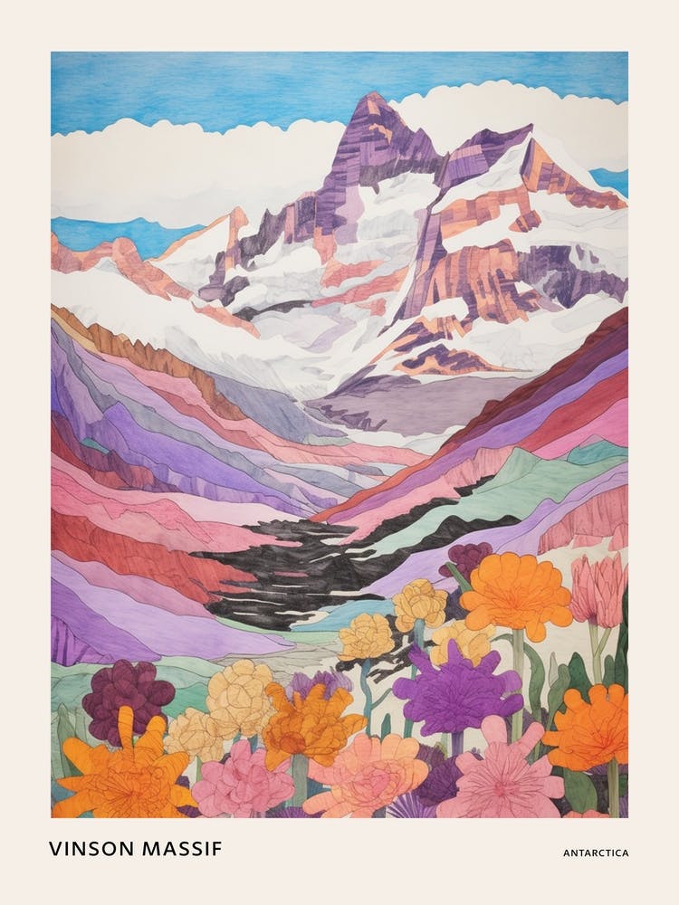 Vinson Massif Antarctica 3 Colourful Mountain Illustration Poster