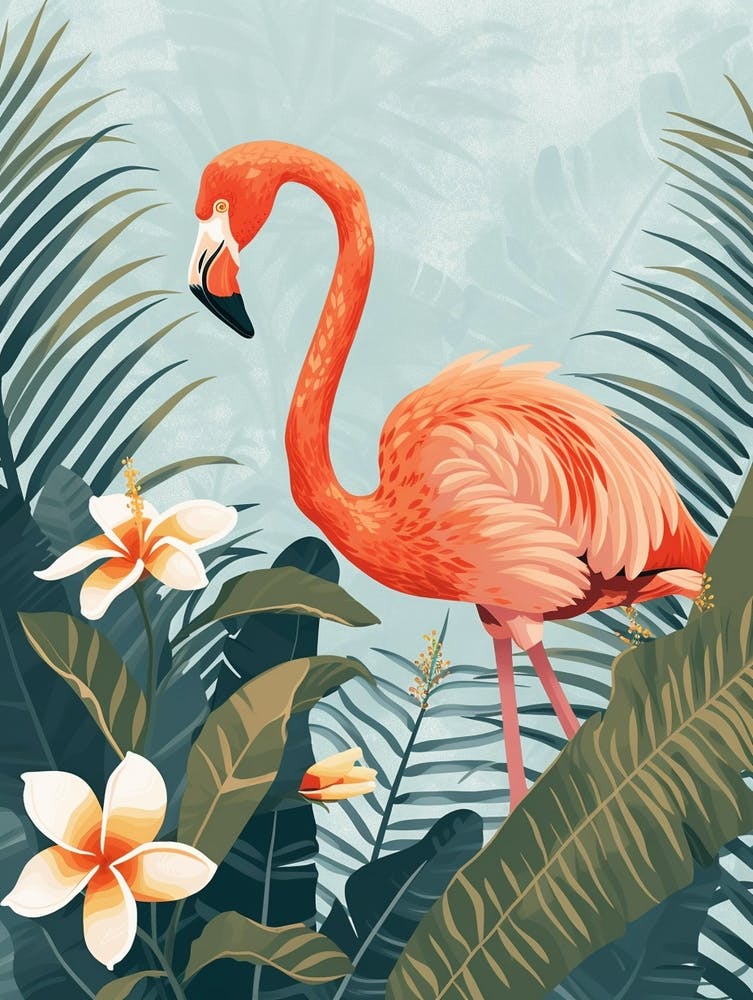 American Flamingo And Frangipani Minimalist Illustration 1