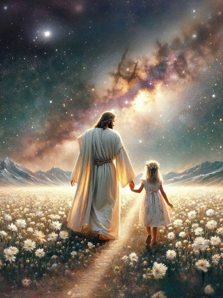 Magical World, Christian Painting, Jesus With Children Art, Jesus And Little Girl, Jesus Walking With Girl, Lds Art, Bible Verse Painting