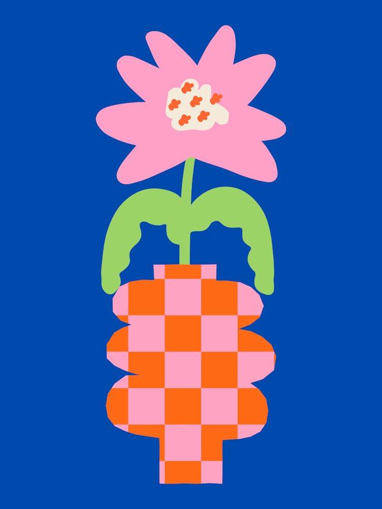 Checkered Flower Vase On A Blue Background
