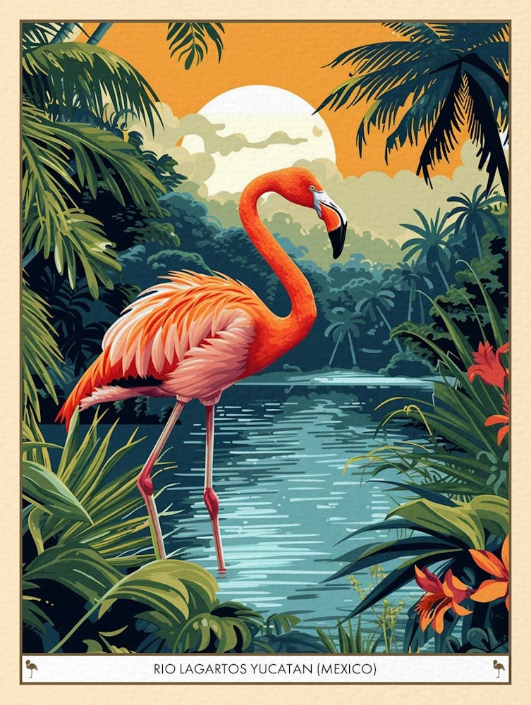Greater Flamingo Rio Lagartos Yucatan Mexico Tropical Illustration 4 Poster