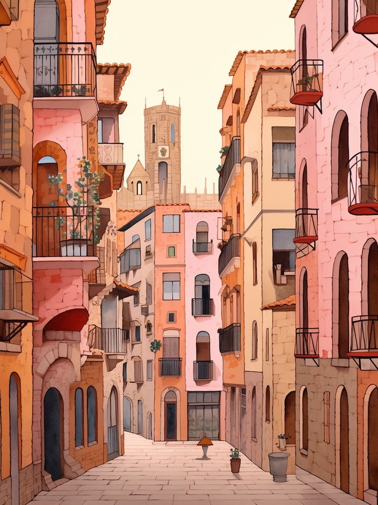 Barcelona Spain 1 Vintage Pink Travel Illustration