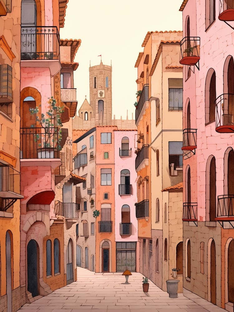 Barcelona Spain 1 Vintage Pink Travel Illustration