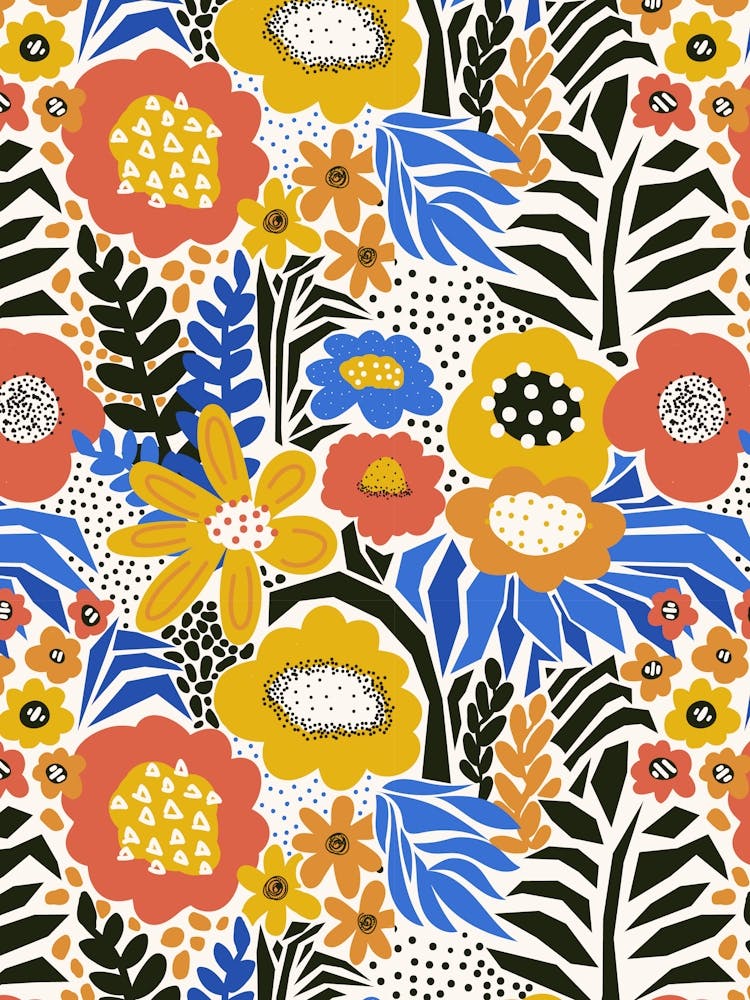 Paper Cut And Doodle Floral Collage Blue Gold Red Black