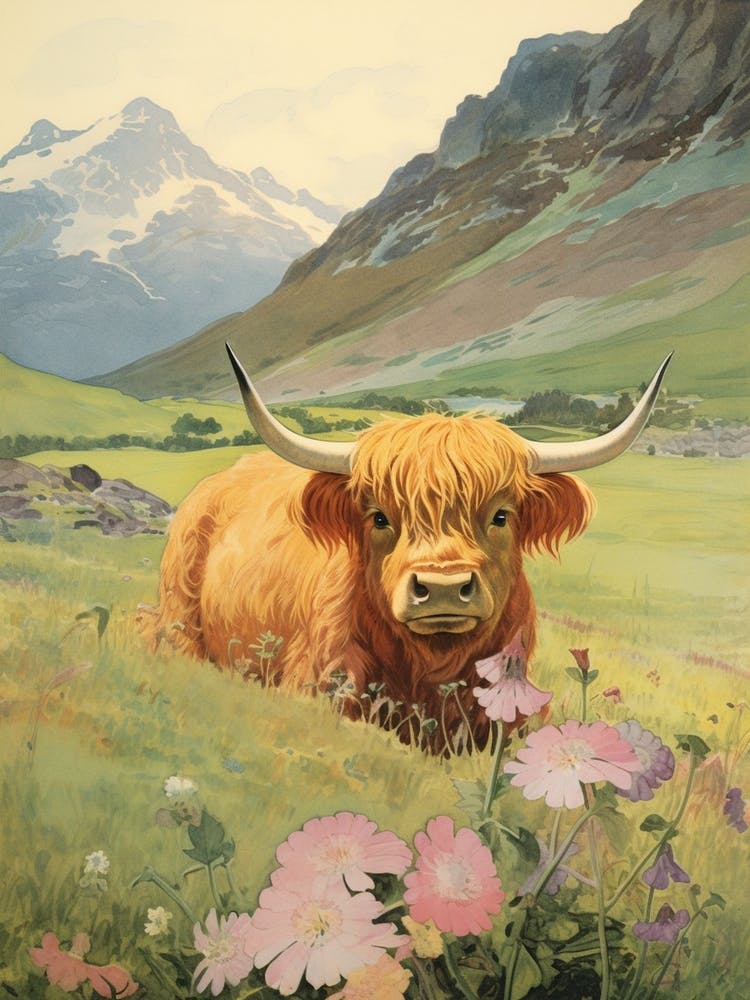 Highland Cow Lying In The Meadow